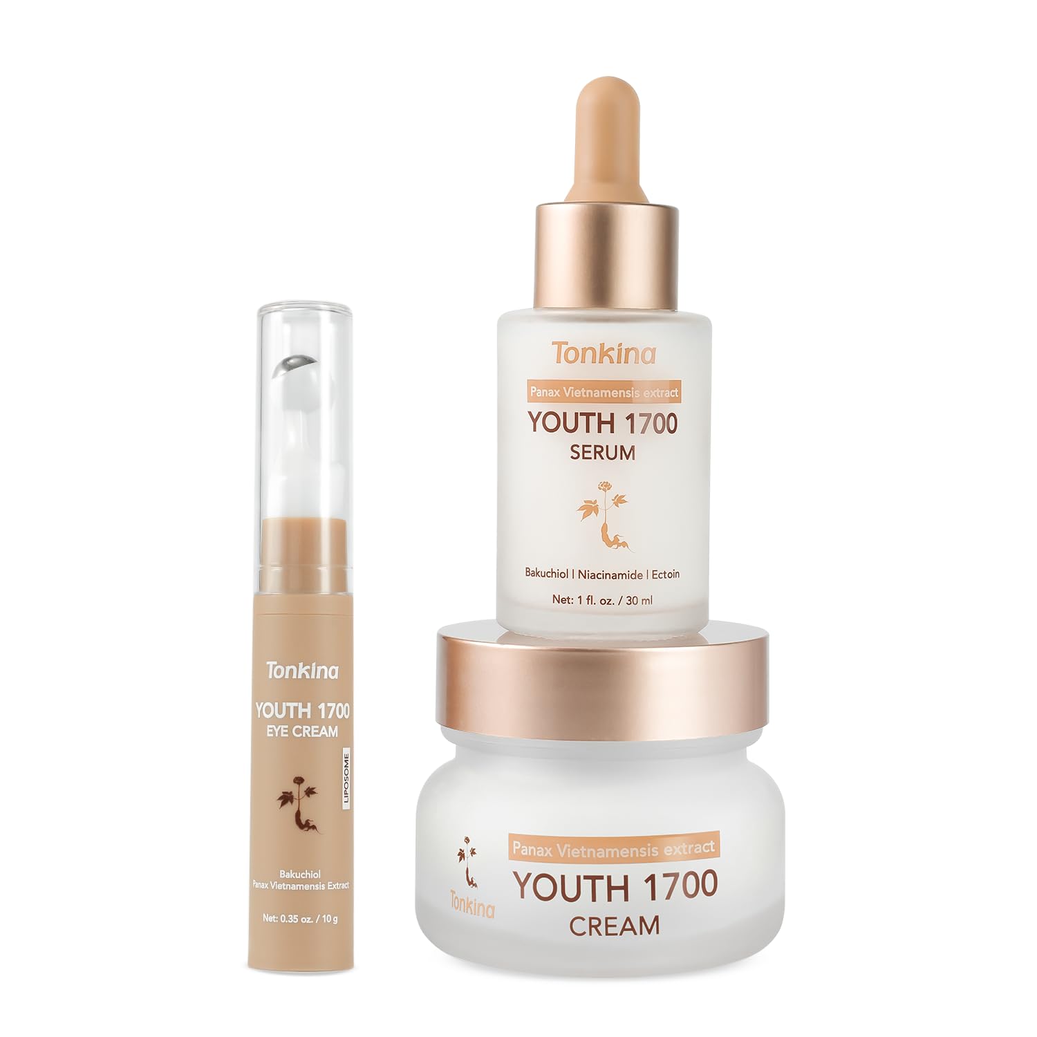 Youth 1700 Essential Trio Set, Vietnamese Ginseng Anti-Aging Skin Care Kit with Serum, Eye Cream & Moisturizer for Wrinkle Care & Firm, Radiant Skin, For All Skin Types