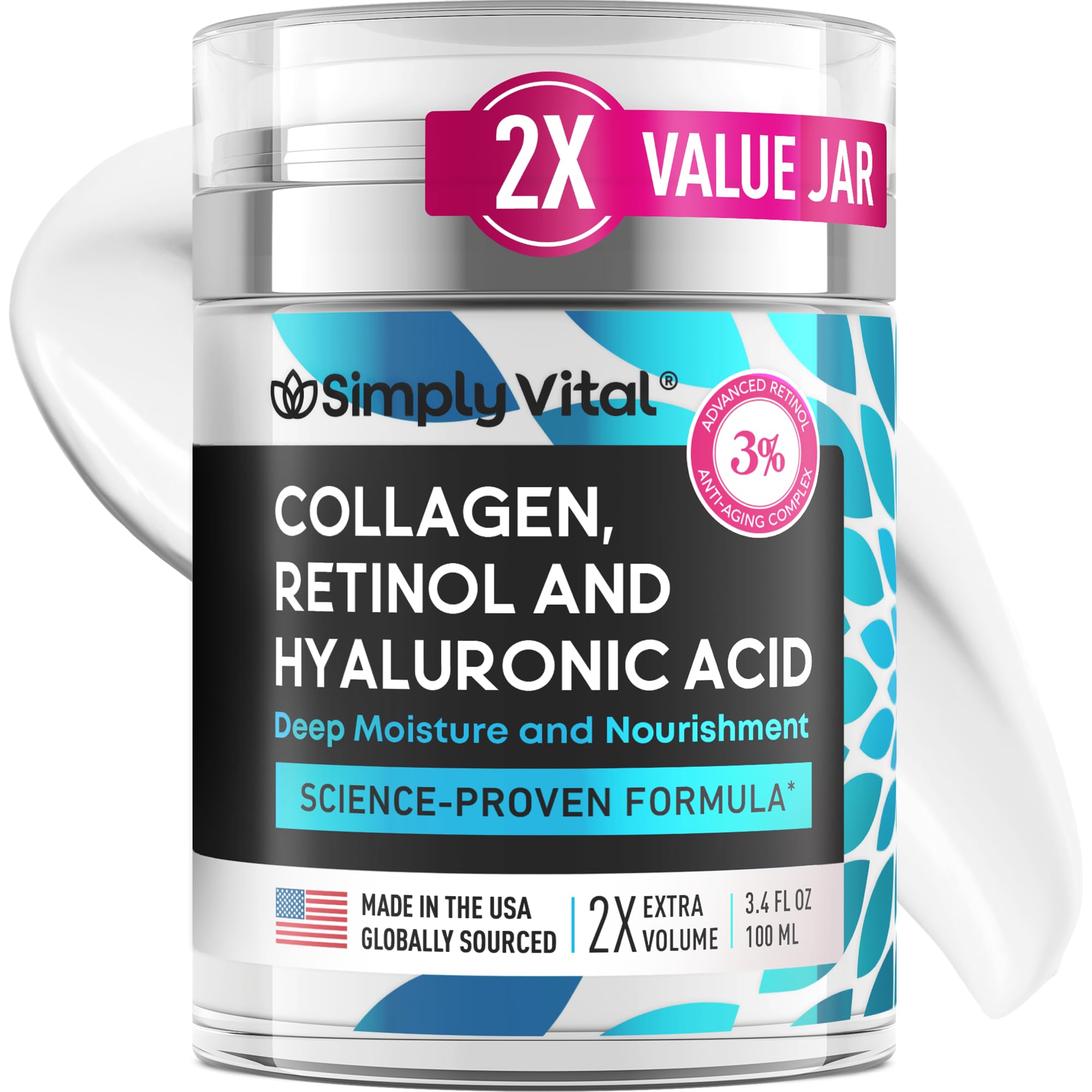 SimplyVital Collagen, Retinol & Hyaluronic Acid Cream - Anti-Aging Face Moisturizer for Face, Firming Skin Care Neck & Décolleté - Made in USA, Daily Moisturizer Face Cream Day & Night - 1.7 fl.oz.
