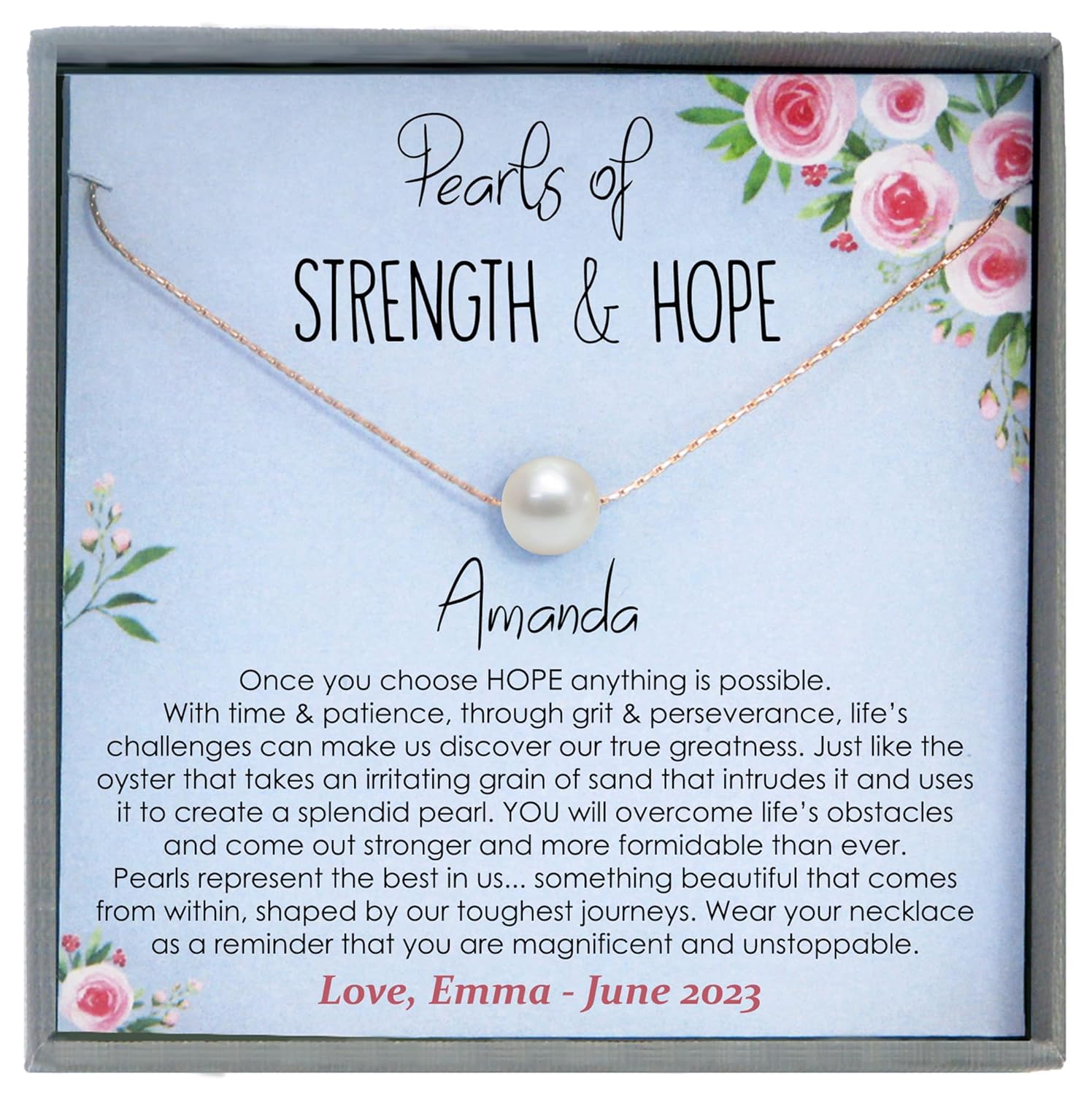 Personalized Inspirational Gifts, Strength and Hope Single Pearl Necklace with Meaningful Message, 14K Rose or Yellow Gold Filled or Sterling Silver