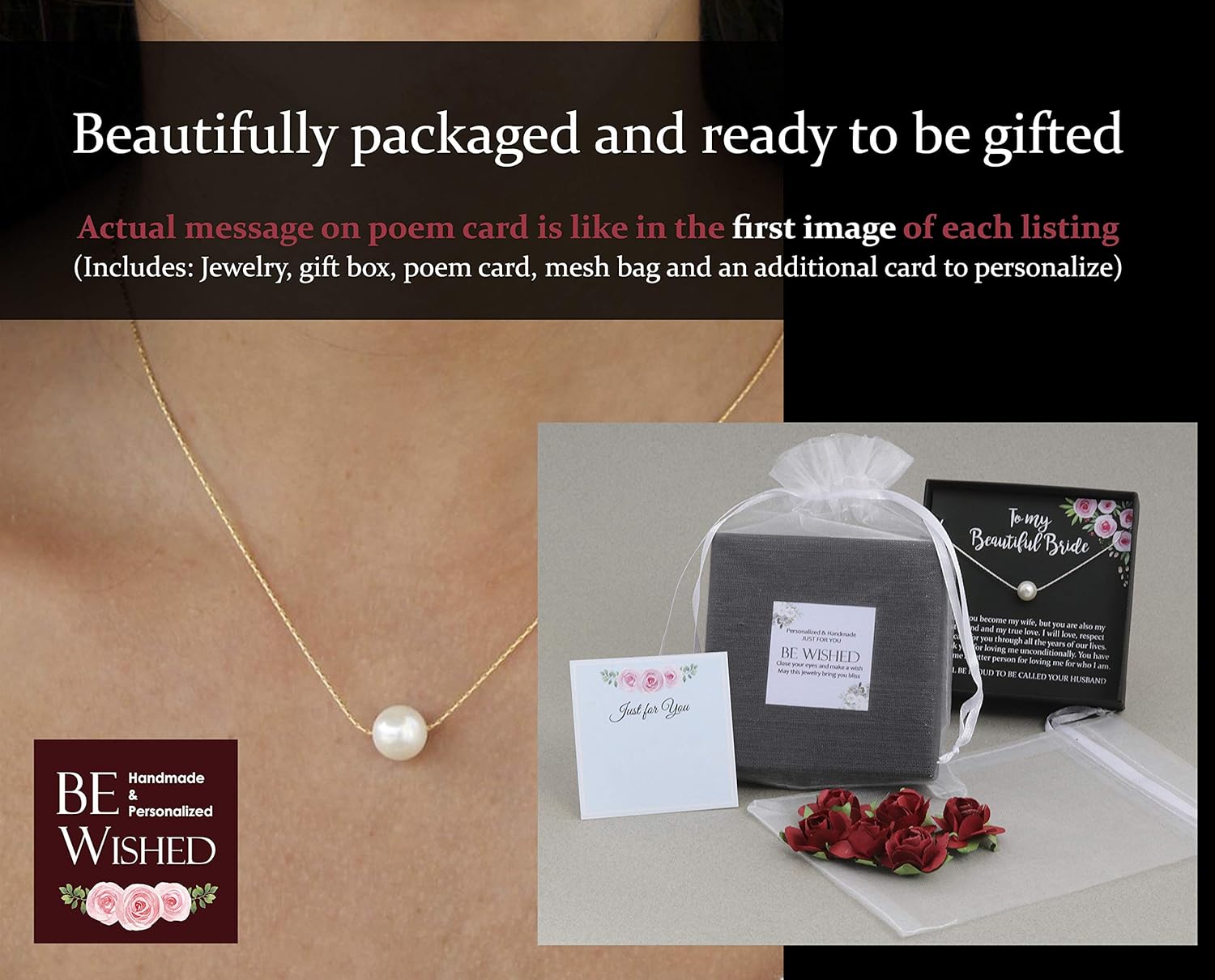 Personalized Inspirational Gifts, Strength and Hope Single Pearl Necklace with Meaningful Message, 14K Rose or Yellow Gold Filled or Sterling Silver